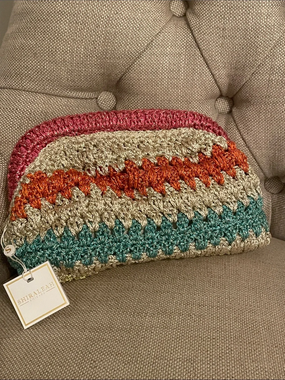 Shiraleah Multicolor Striped Luna Crochet Clutch - Pink, Gold, Orange, Teal